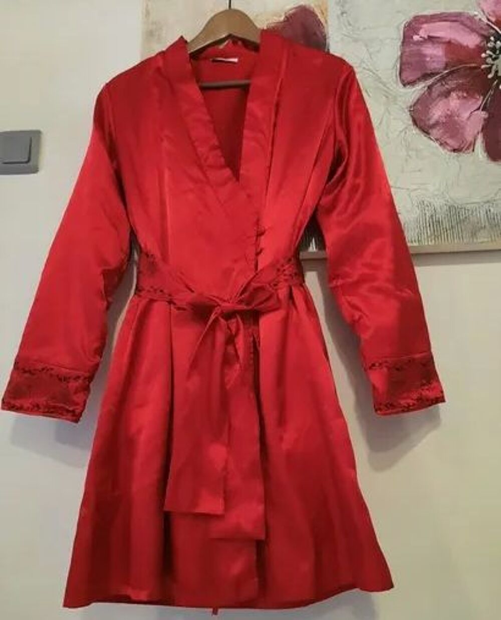 Beau peignoir rouge ETAM satin int&eacute;rieur polaire T 38 - 40 Vtements