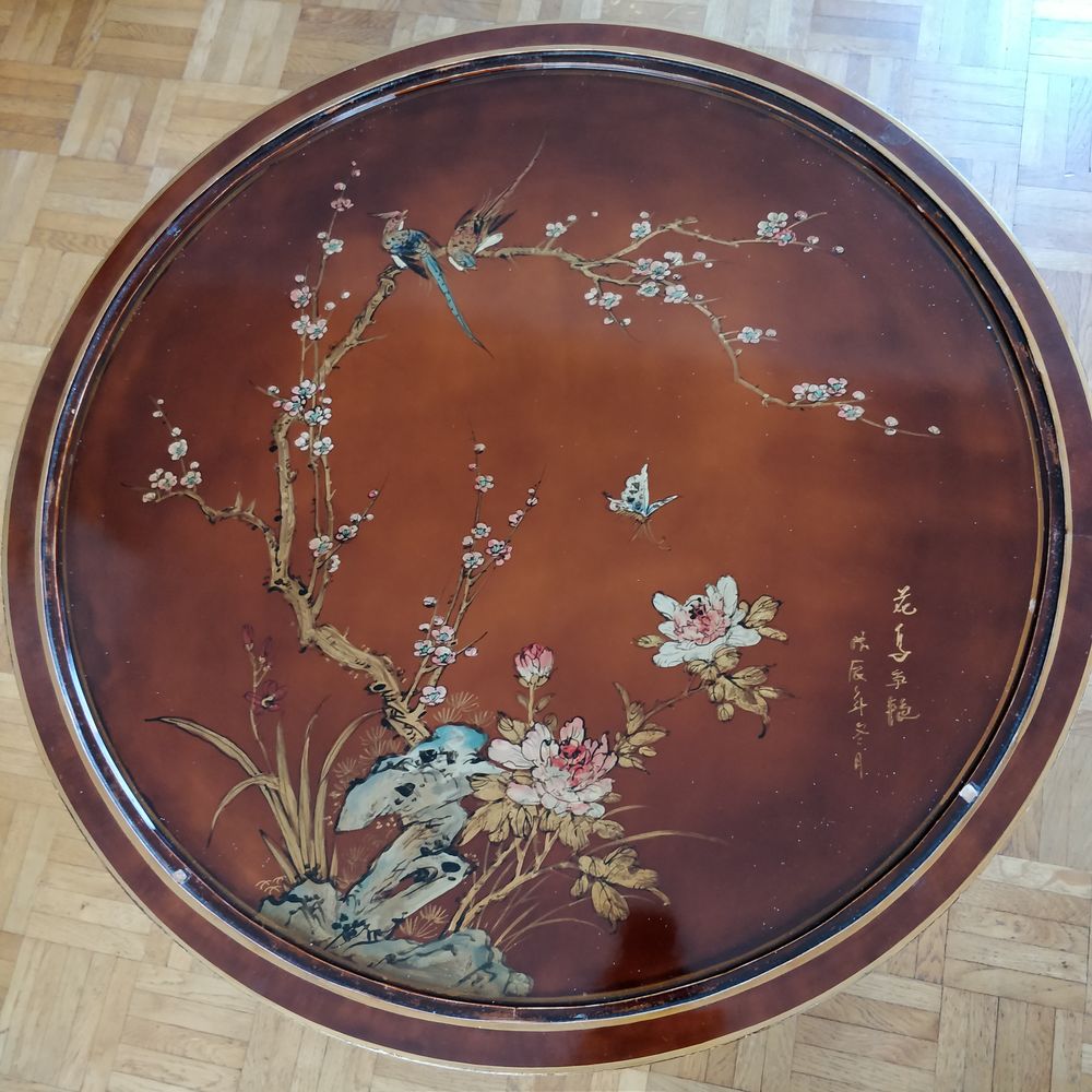 Table basse chinoise, d&eacute;cor fleurs et oiseaux Meubles