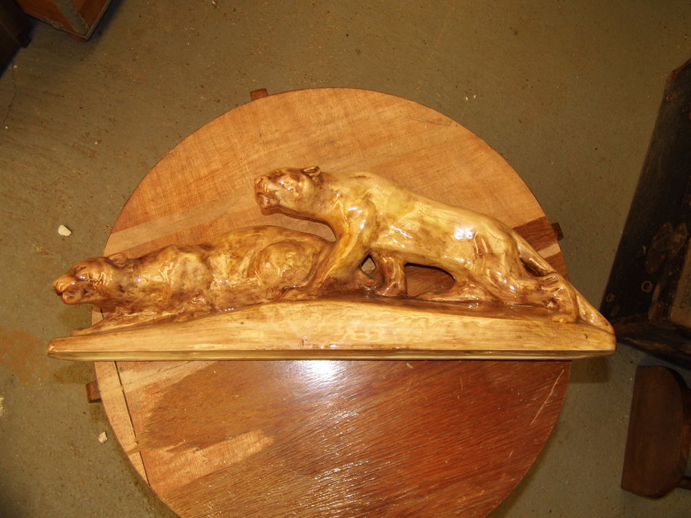 Sculpture lion lionne felin faience craquel&eacute;e vintage ann&eacute;es 60 r&eacute;tro Décoration