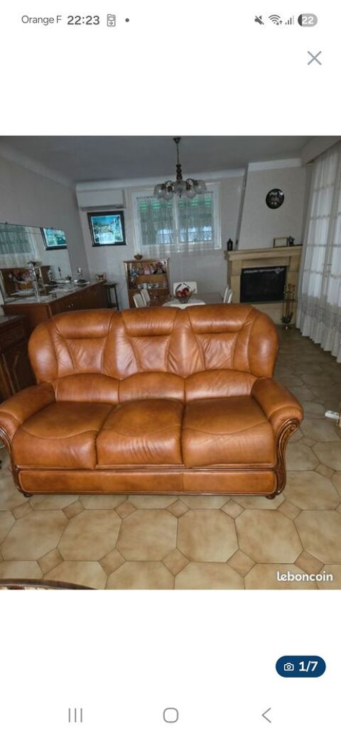 Canap� 3 places et 2 fauteuils cuir pleines fleurs 350 Bergerac (24)