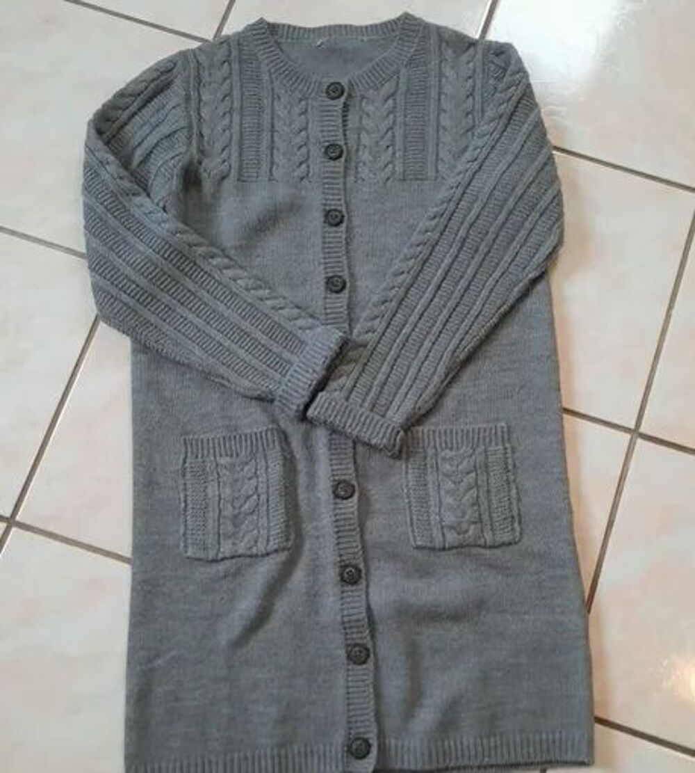 Gilet manteau mode gris long 90 cm motifs torsades T 38 - 40 Vêtements