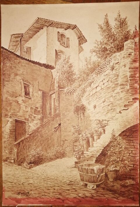 Tr�s beau dessin de HUBERT BERGERE. lavis ou brou de noix 0 Yvetot (76)