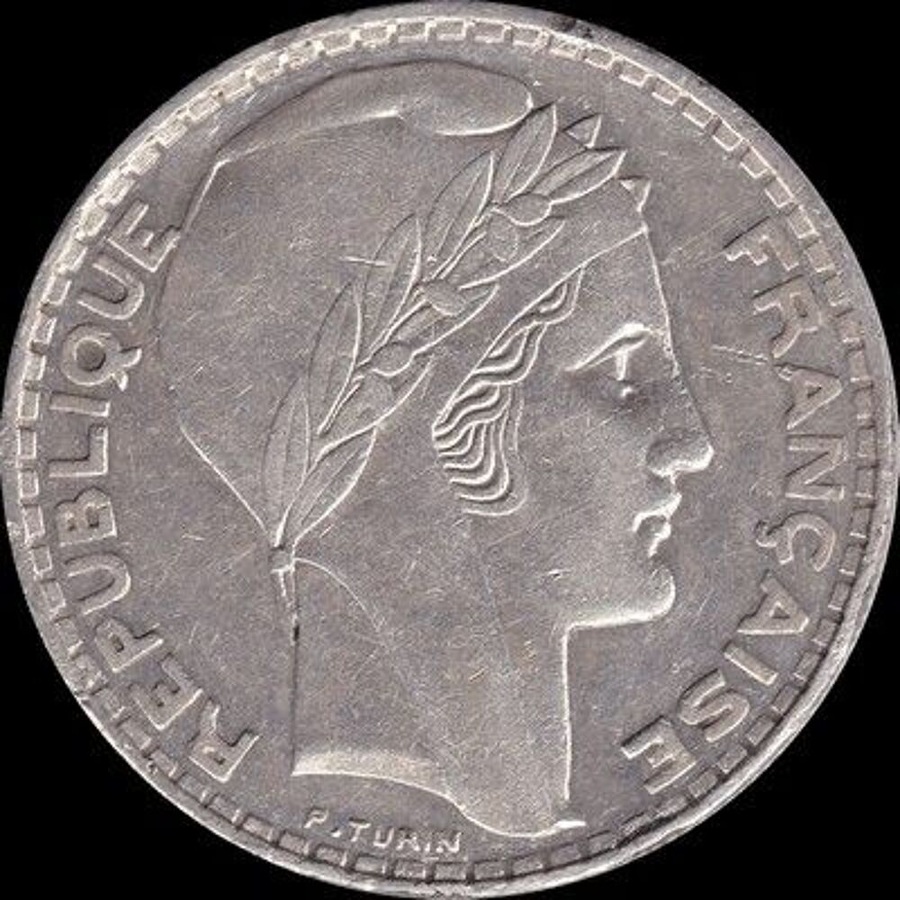 Tr&egrave;s rare 20 francs Turin 1936, en argent, tranche stri&eacute;e 