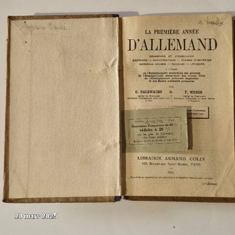 Cours d'allemand , exercices Halbwachs et Weber, 1923 2 Saumur (49)
