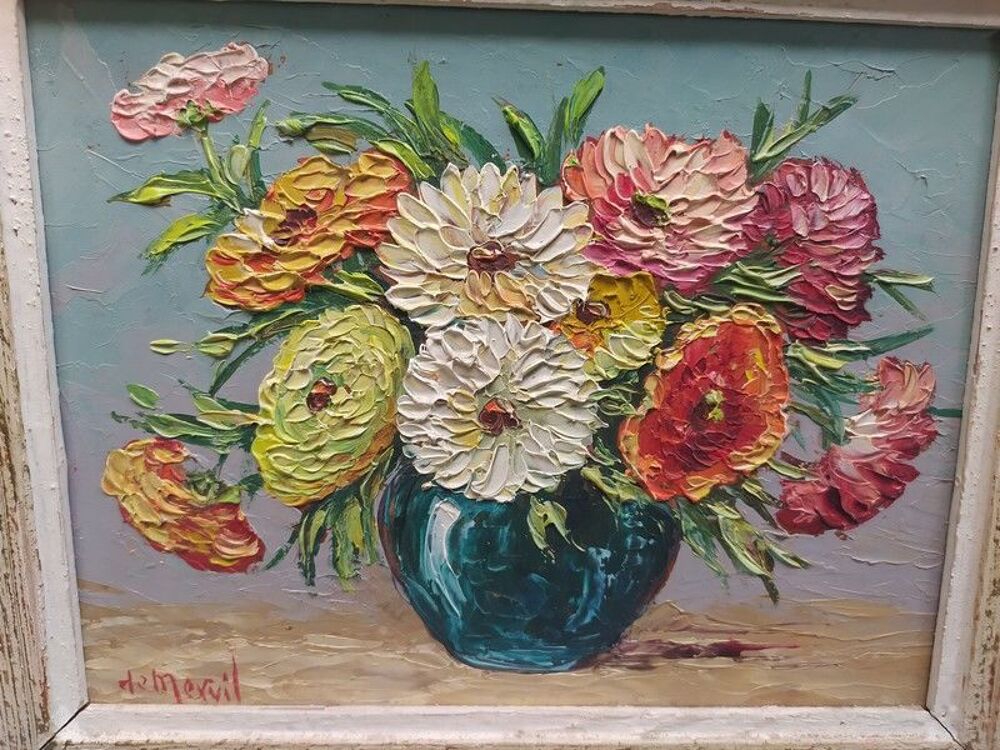 Tableau Nature Morte Fleurs Oeillets Sign&eacute; De Mervil 