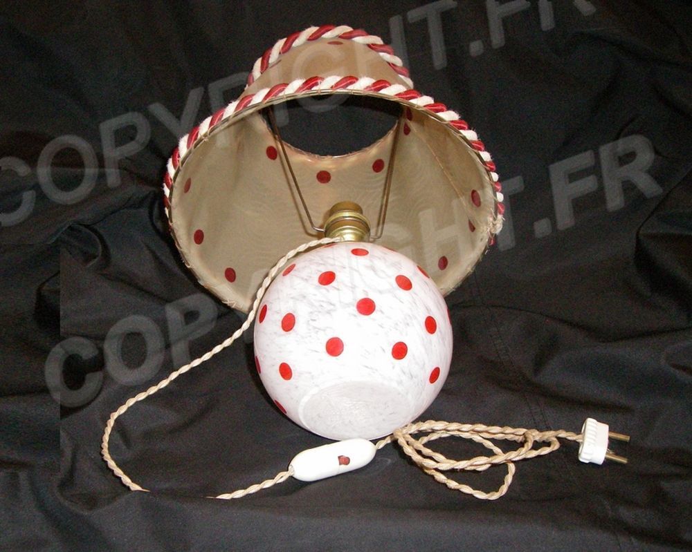 ANCIENNE &amp; RARE LAMPE EN VERRE SOUFFL&Eacute; MOTIFS &agrave; POIS ROUGES Décoration