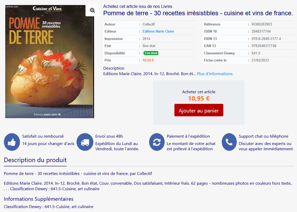 Livre de cuisine : Pomme de Terre 30 recettes irr&eacute;sistibles Livres et BD