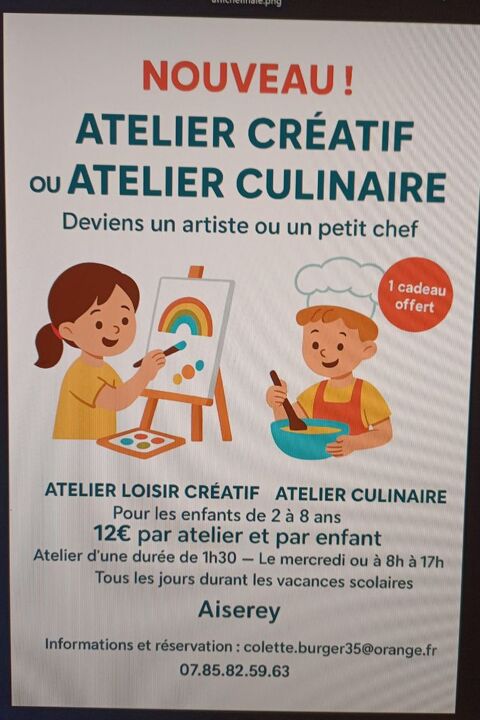 Atelier creatif et atelier culinaire pour enfants. 0 21110 Aiserey