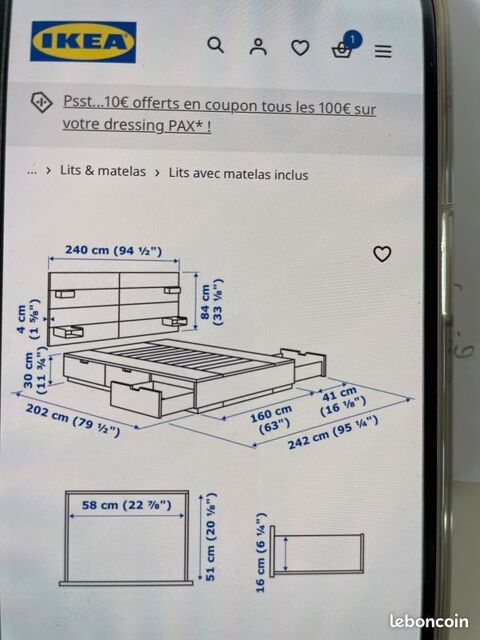 de lit nordi ikea + matelas 160x200 avec tete de lit 750 Angresse (40)
