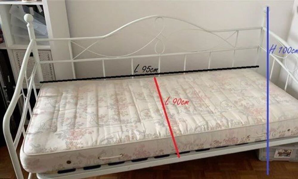 LIT banquette m&eacute;tal blanc 1 PLACE (+ MATELAS + SOMMIER) Meubles