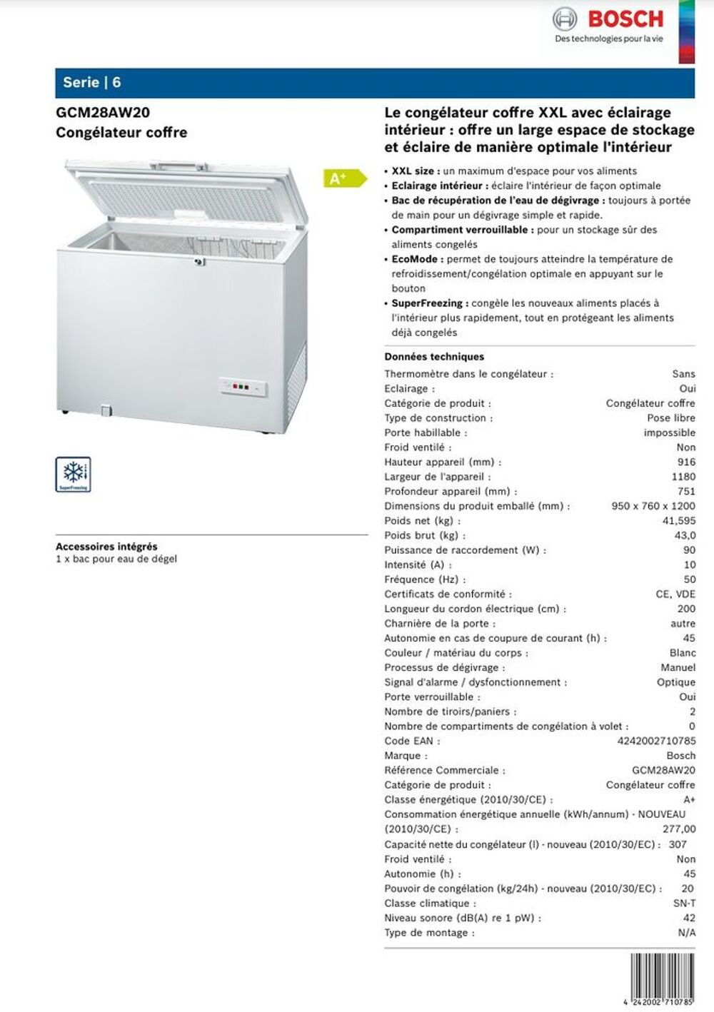CONGELATEUR COFFRE BOSCH 315 Litres Electroménager
