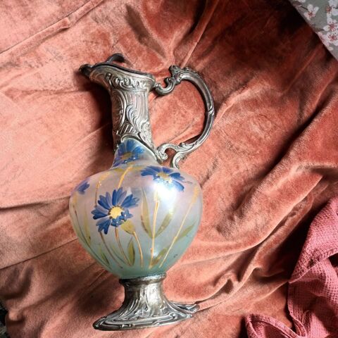 Vase metal verre peint fleurs bleue nature art déco salon 85 Sarzeau (56)