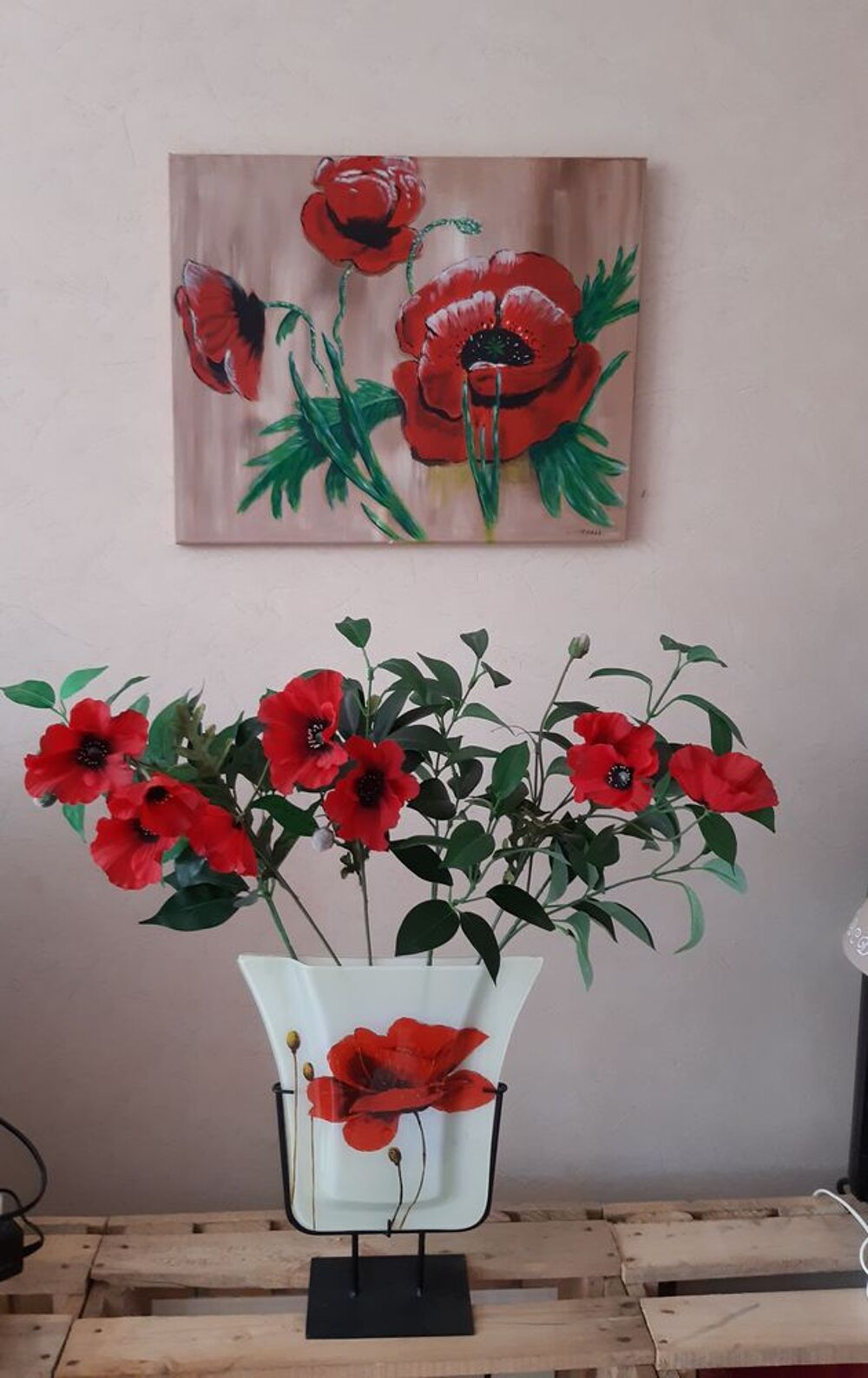 Lot Vase + Tableau + Tiges Coquelicots. Décoration