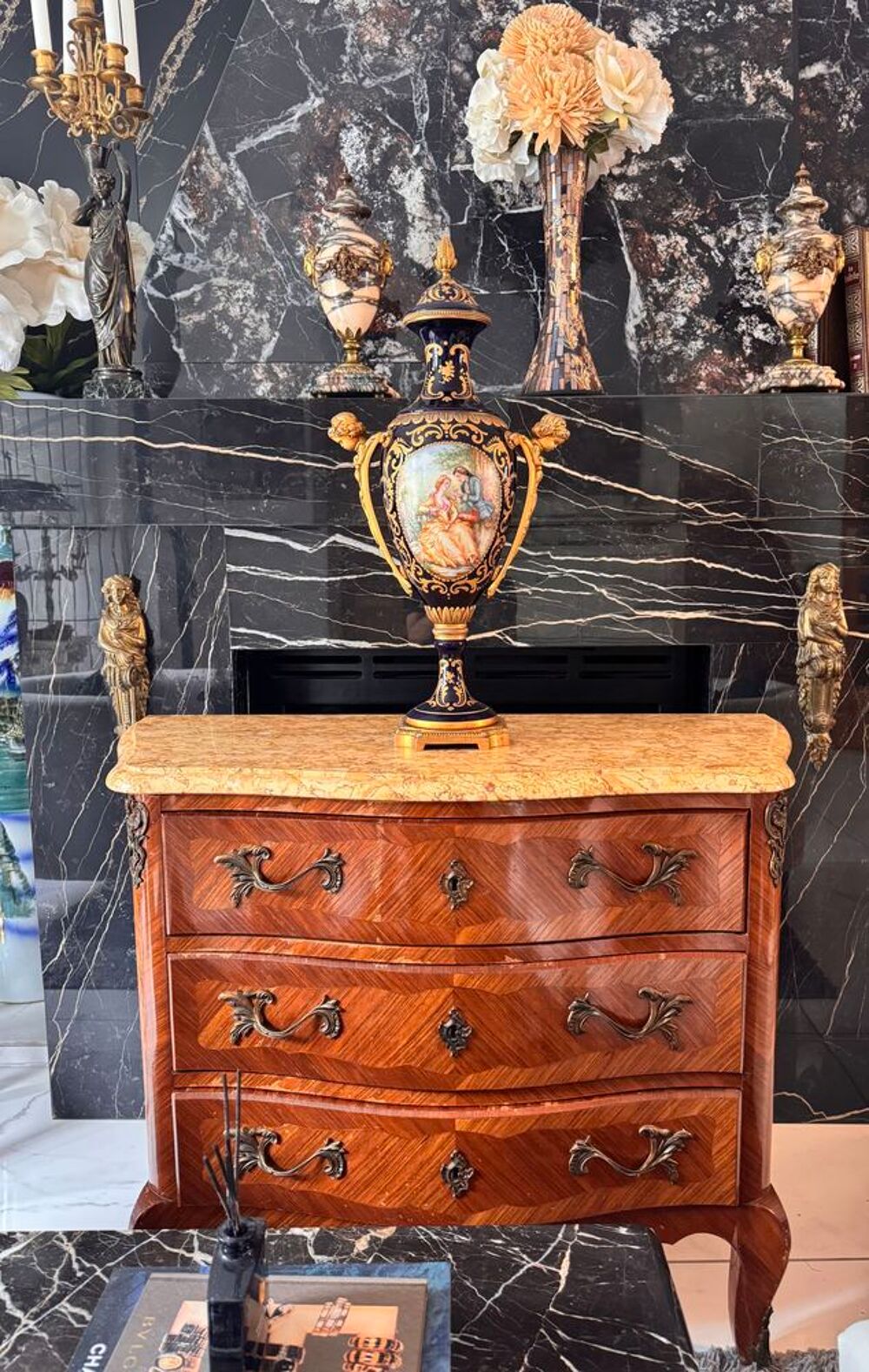 Commode ancienne style Louis XV €" Marqueterie, marbre, 3 tiroirs Meubles