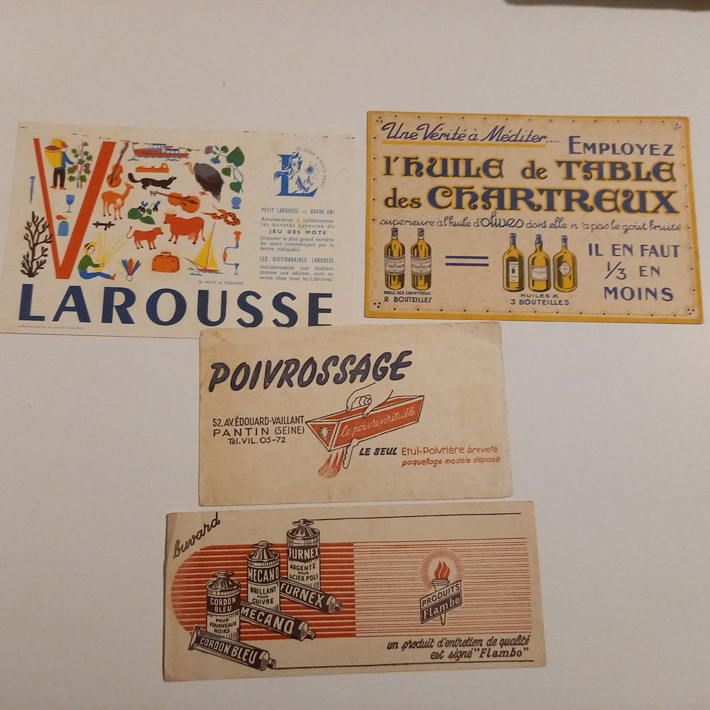 Lot de 4 buvards Larousse, l'huile des chartreux, flambo, po 