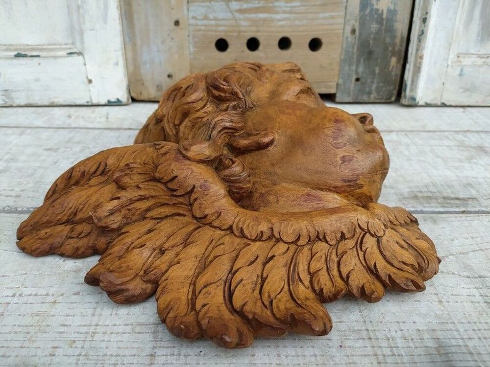 Ancienne Sculpture T&ecirc;te Ange Angelot Bois Sculpt&eacute; 
