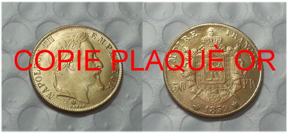 R&Eacute;PLIQUE PLAQU&Eacute; OR 50 FRANCS 1859 NAPOL&Eacute;ON III EMPEREUR 