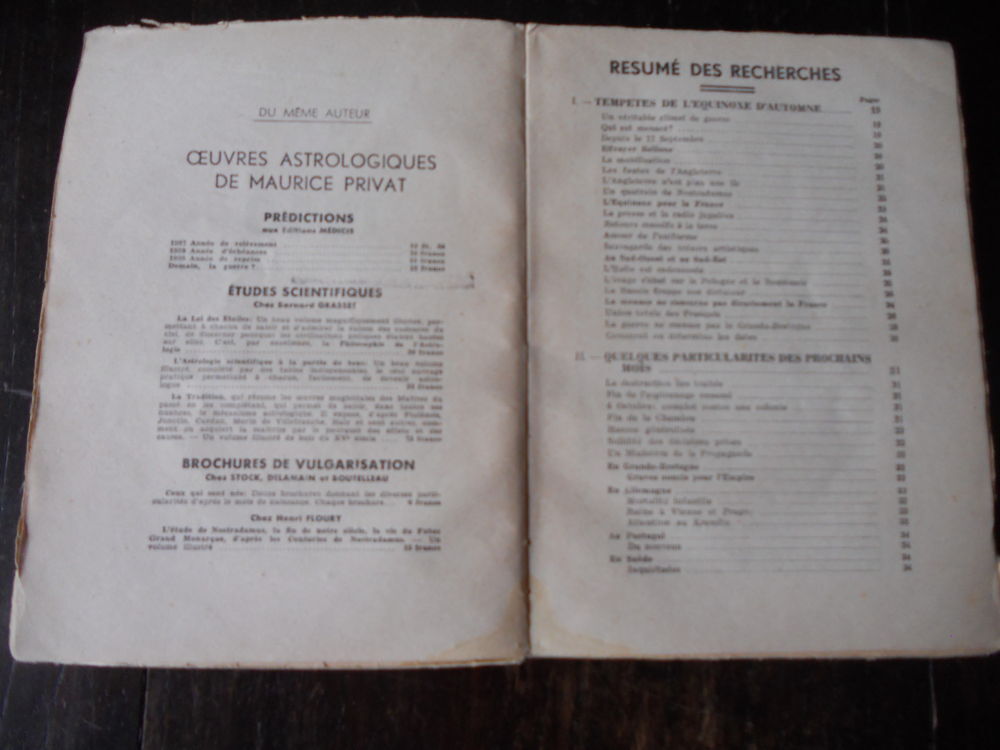  PR&Eacute;DICTIONS MONDIALES de MAURICE PRIVAT . 1940 Livres et BD
