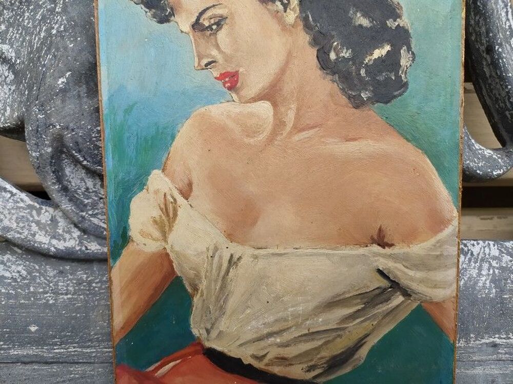 Tableau Portrait de Femme Ann&eacute;es 50 Sign&eacute; J. Renard 