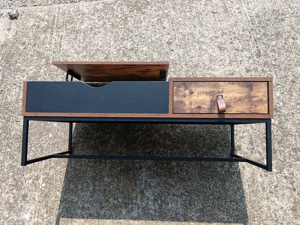 Table basse plateau relevable et un tiroir en bois et m&eacute;tal Meubles