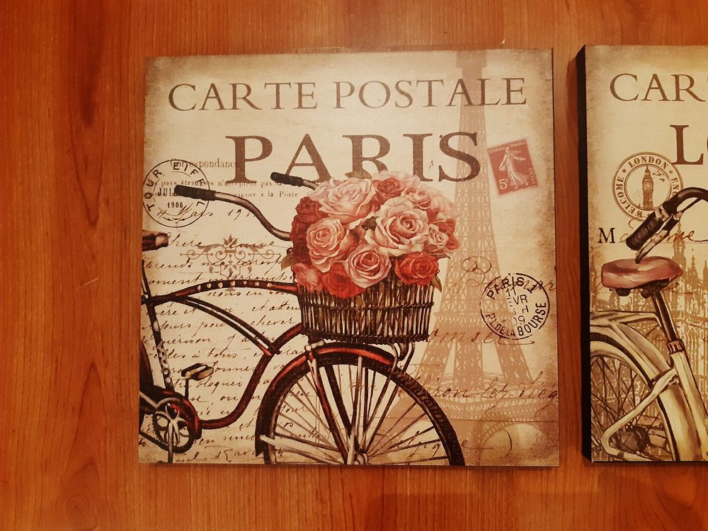 3 tableaux Paris London Rome / capitales bicyclette fleurs Décoration