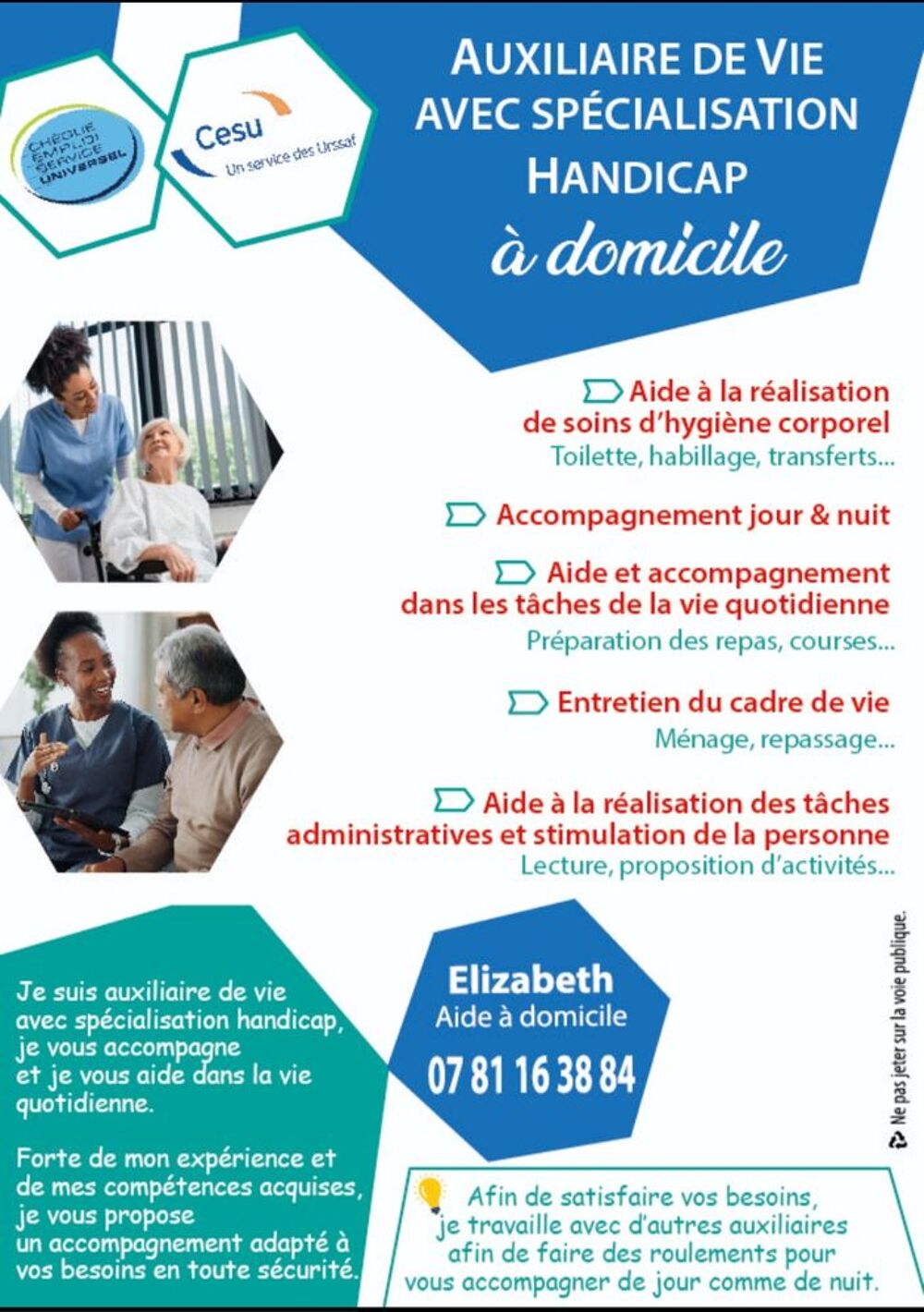   Auxiliaire de vie avec spécialisation handicap à domicile  