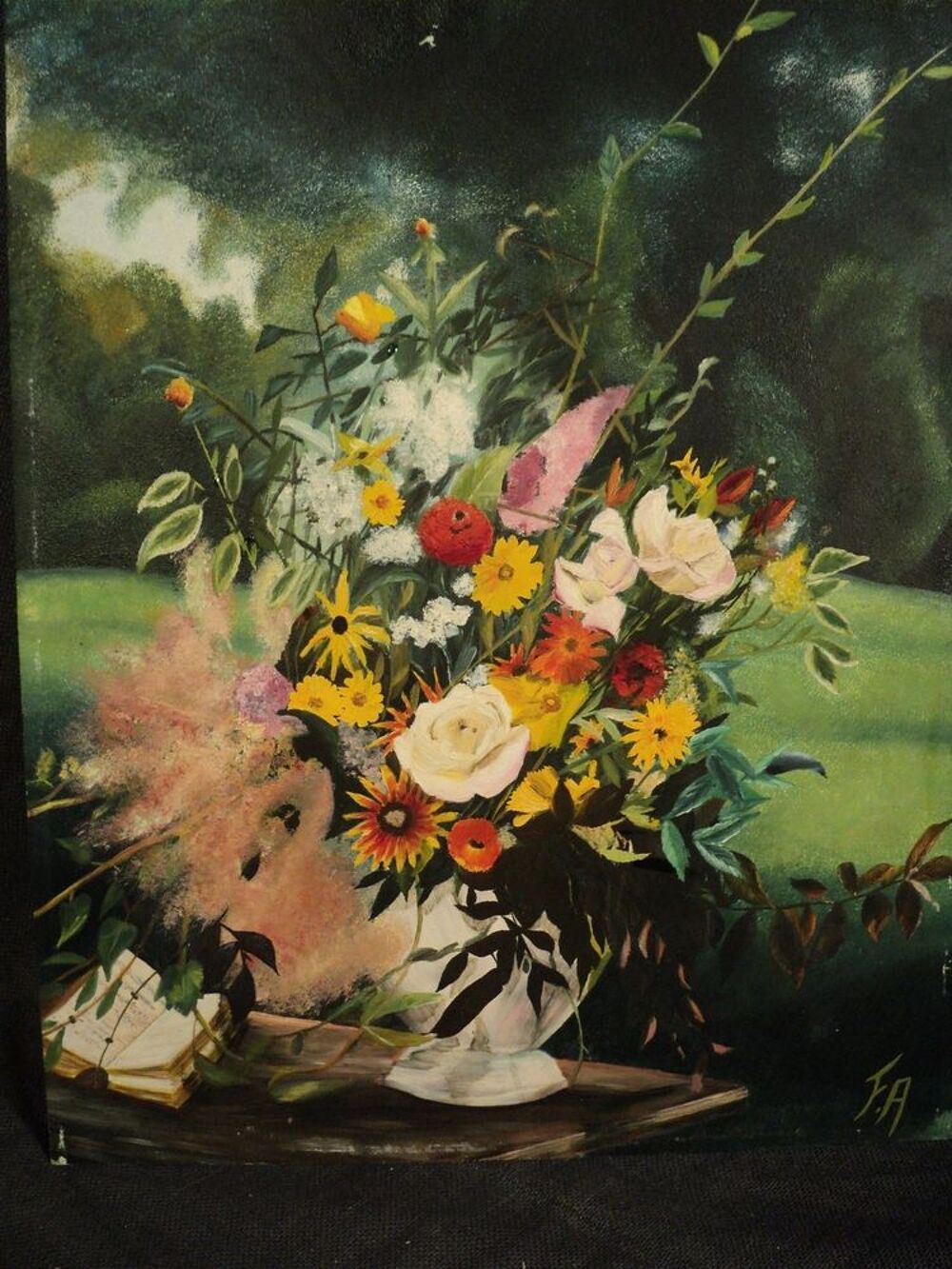 Ancien Tableau Bouquet de Fleurs Sign&eacute; Décoration