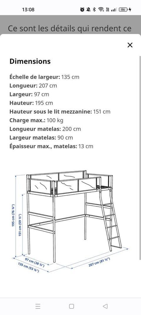 Lit mezzanine Ikea 1 place 100 Gagny (93)