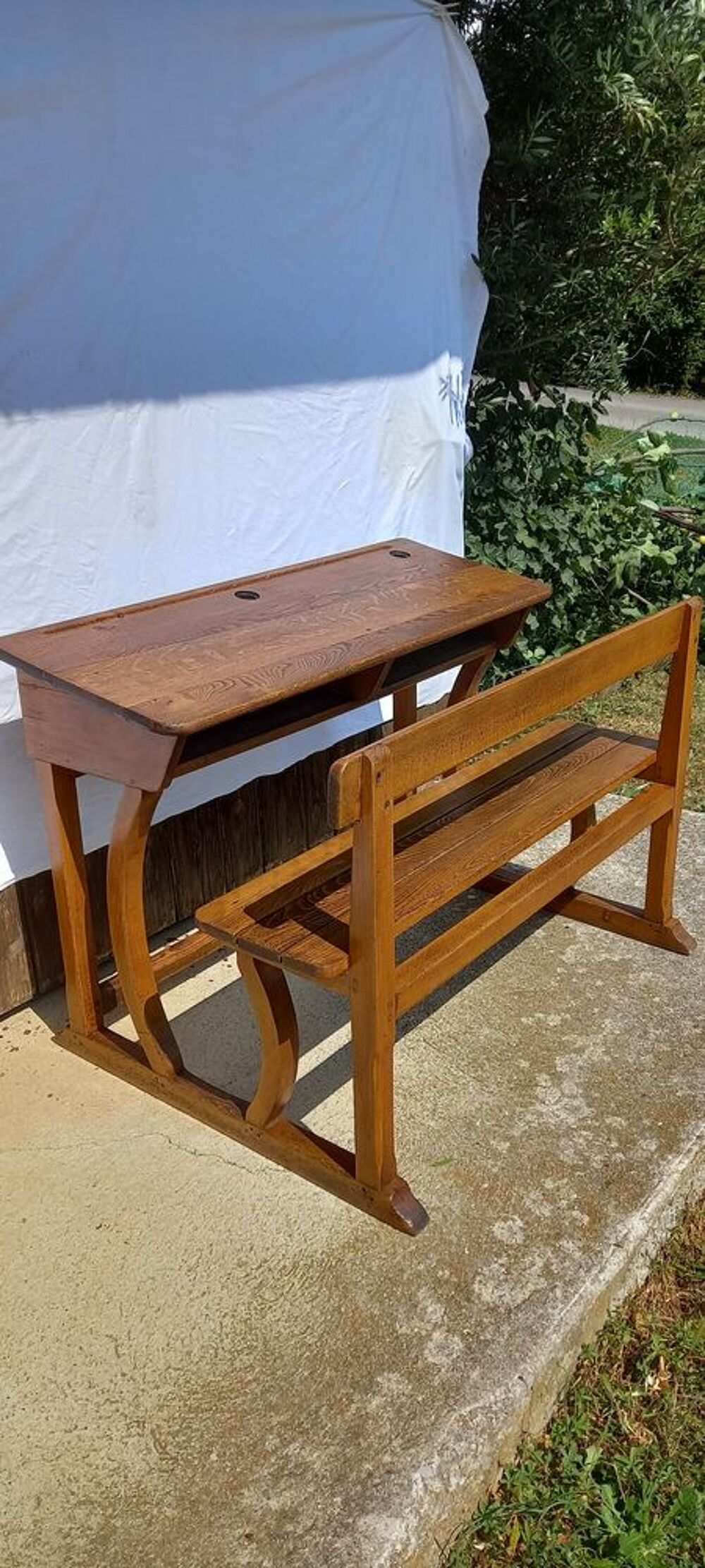 Bureau d'&eacute;cole vintage Saint-Martin 2 places Pieds galb&eacute;s Mobilier enfants