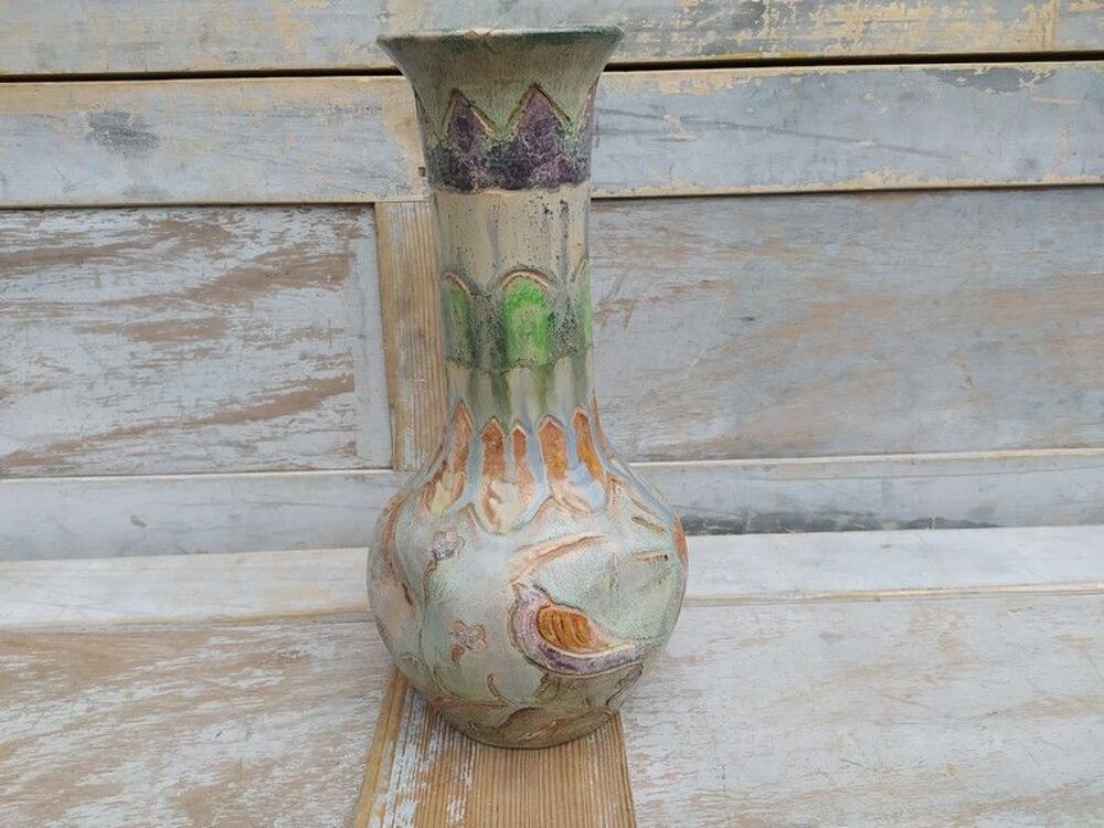 Vase C&eacute;ramique &Eacute;maill&eacute;e D&eacute;cor Moulin Oiseau Style Vallauris Décoration
