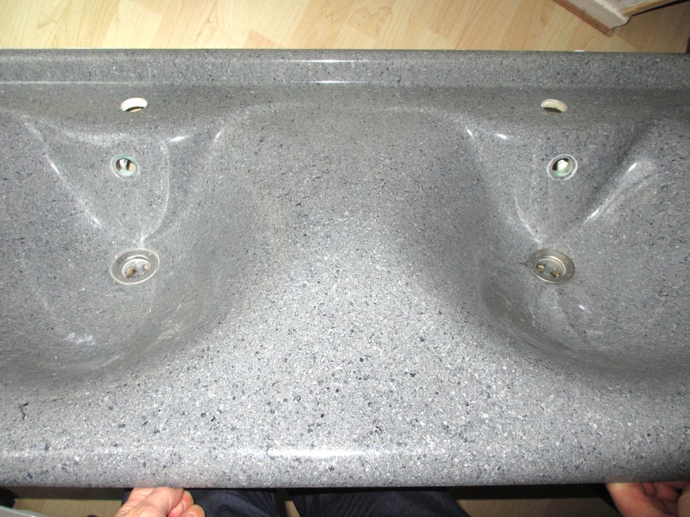 PLAN DOUBLE VASQUE MARBRE DE SYNTHESE GRIS ARDOISE Meubles