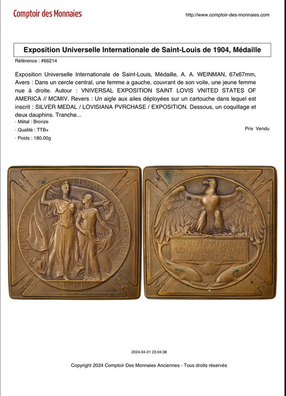M&eacute;daille ancienne €" Exposition Universelle de Saint-Louis 1904 €" Bronze 