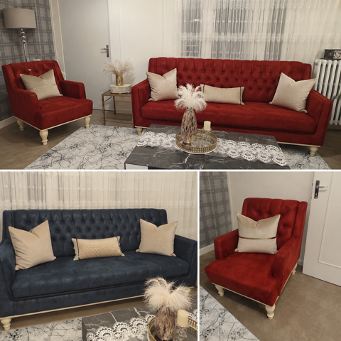 Ensemble salon capitonné bleu et rouge 650 Flers (61)