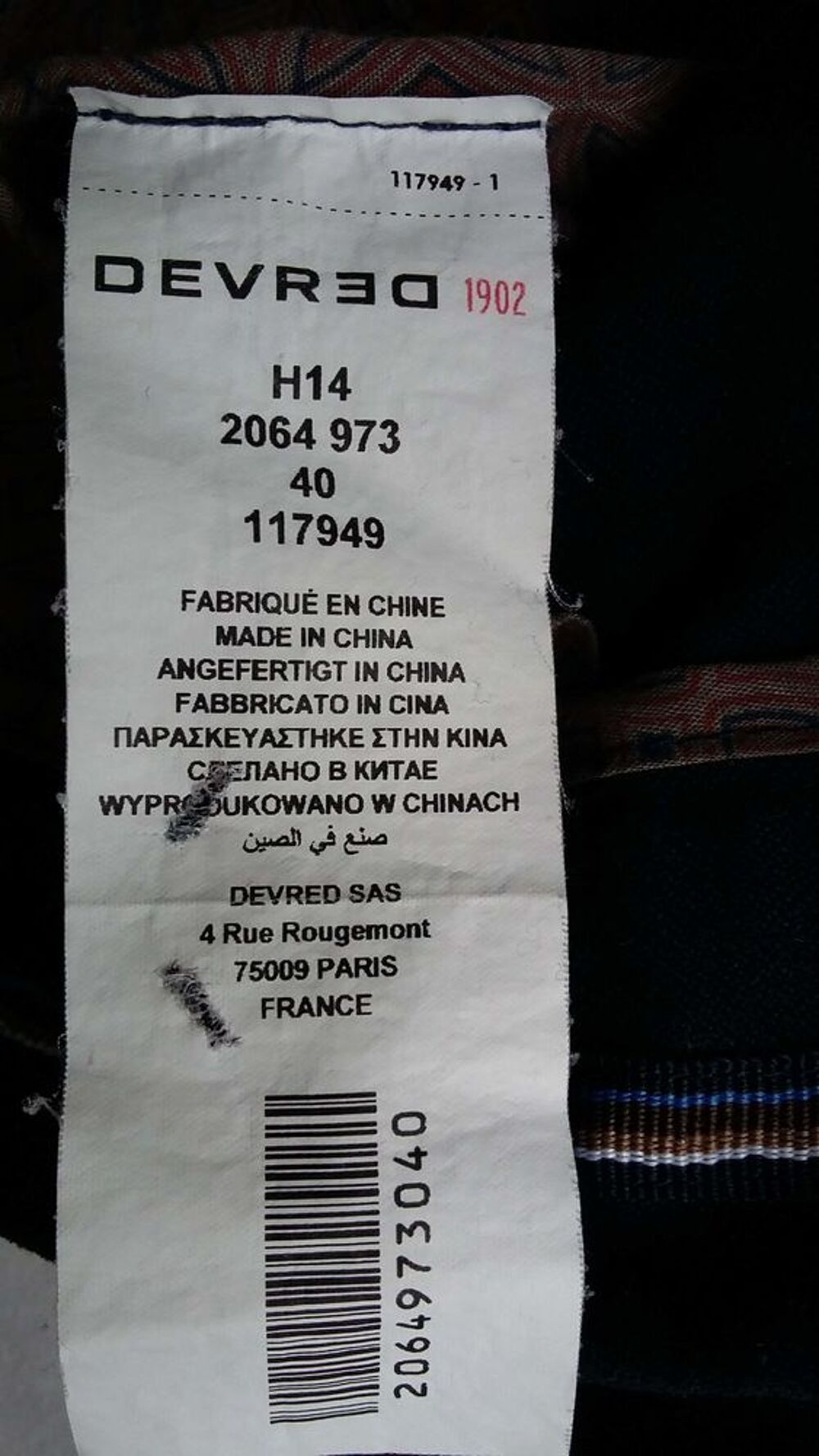 DEVRED - Pantalon bleu marine, taille 40(M) homme adulte Vêtements