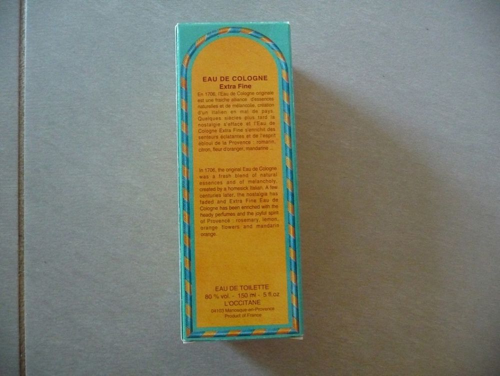 Flacon vide et boite Eau de Cologne extra-fine L'Occitane 