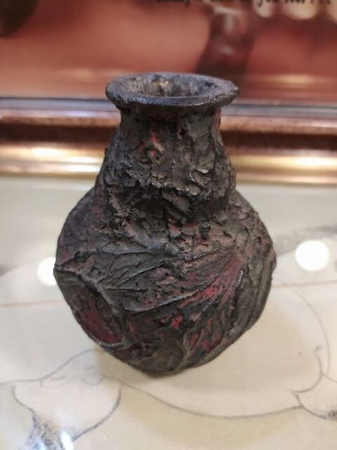 Ancien Vase Céramique Décor Tourmenté Rouge & Noir 59 Loches (37)