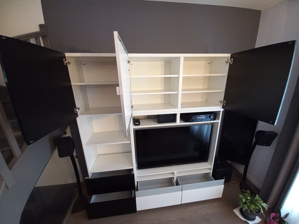 Meuble tv biblio BESTA blanc laqu&eacute; noir Meubles