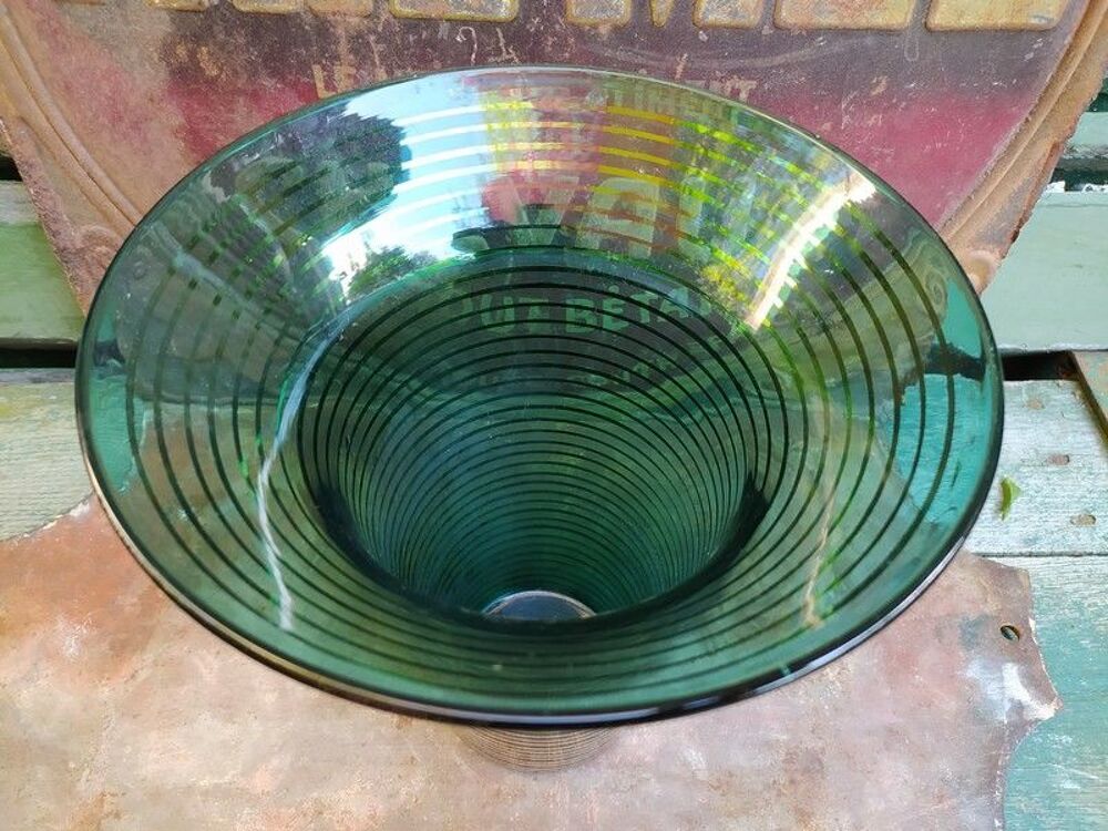 Grande Vase Vintage Verre Bleu et Stries Dor&eacute;es Ann&eacute;es 60 Décoration