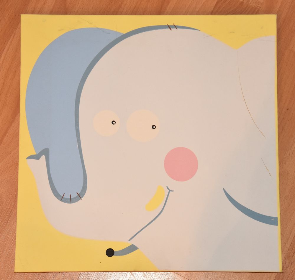 Tableau peint sur toile.El&eacute;phant.30 cm x 30 cm.Tr&egrave;s bon &eacute;tat Mobilier enfants