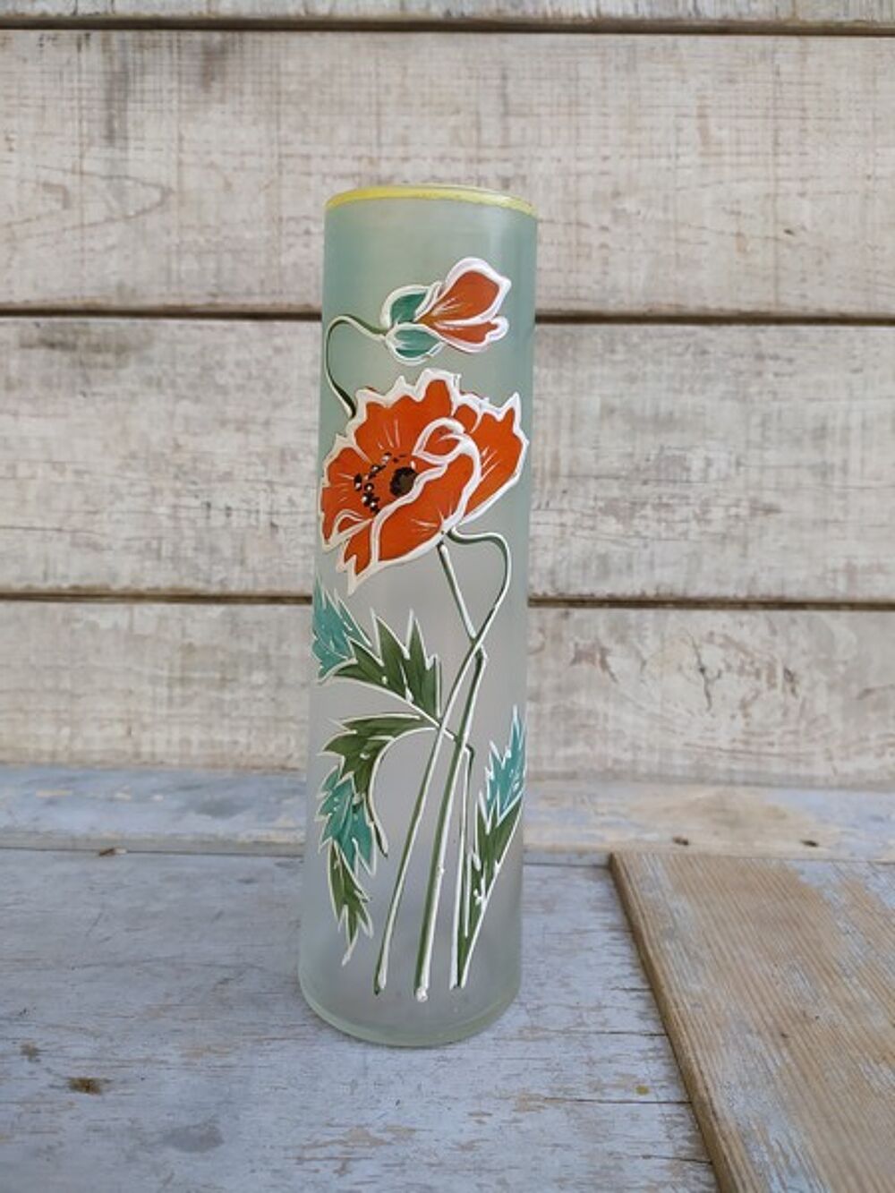 Ancien Vase Verre &Eacute;maill&eacute; D&eacute;cor Fleurs Pavot Style Legras Décoration