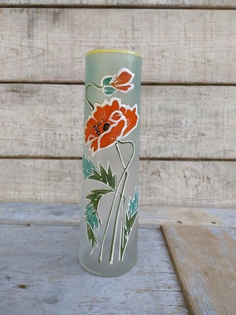 Ancien Vase Verre Émaillé Décor Fleurs Pavot Style Legras 60 Loches (37)