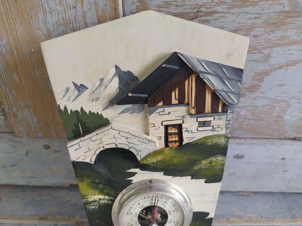 Barom&egrave;tre Bois Sculpt&eacute; Chalet Montagne C. Hauler 1950 Décoration