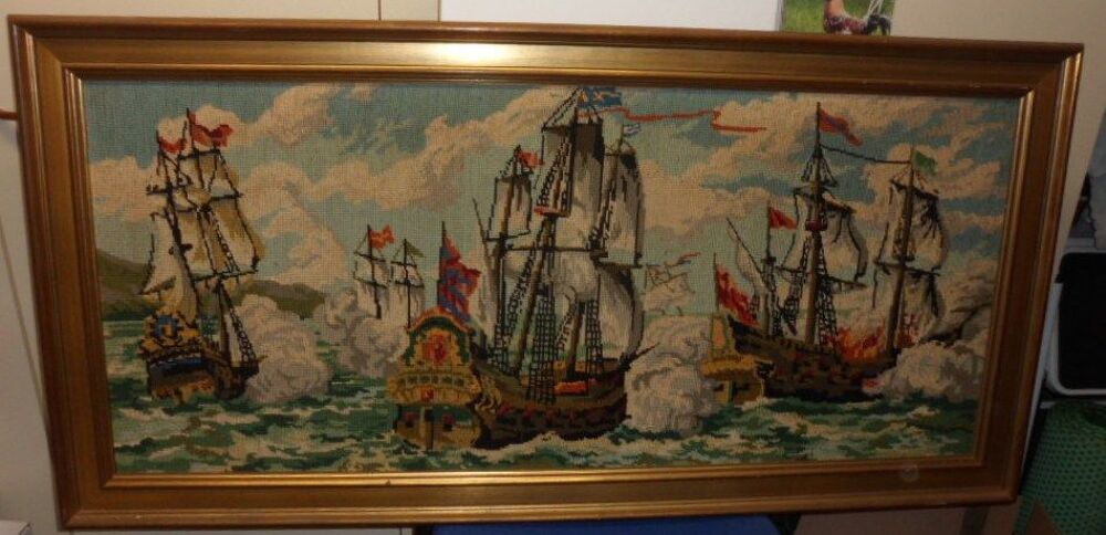 Superbe canevas o&ugrave; 3 galions voguent vers l'Am&eacute;rique 124X61 Décoration