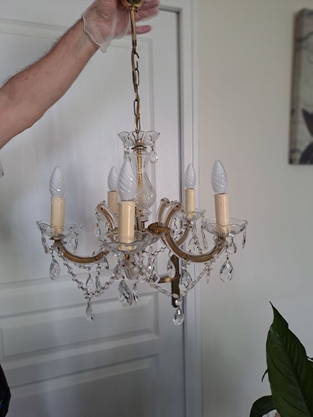 Lustre 5 branches &agrave; pampilles avec ses 2 appliques Décoration