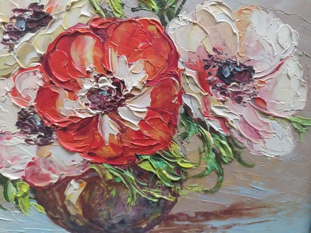 Tableau Nature Morte Fleurs An&eacute;mones Sign&eacute; De Mervil 
Décoration