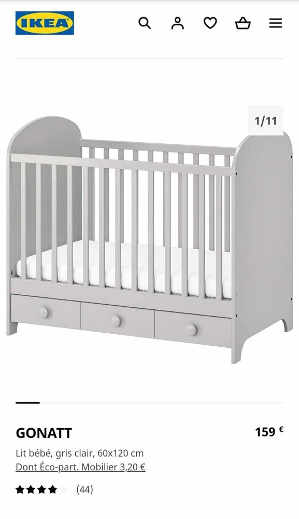 Lit b&eacute;b&eacute; IKEA gris. Meubles