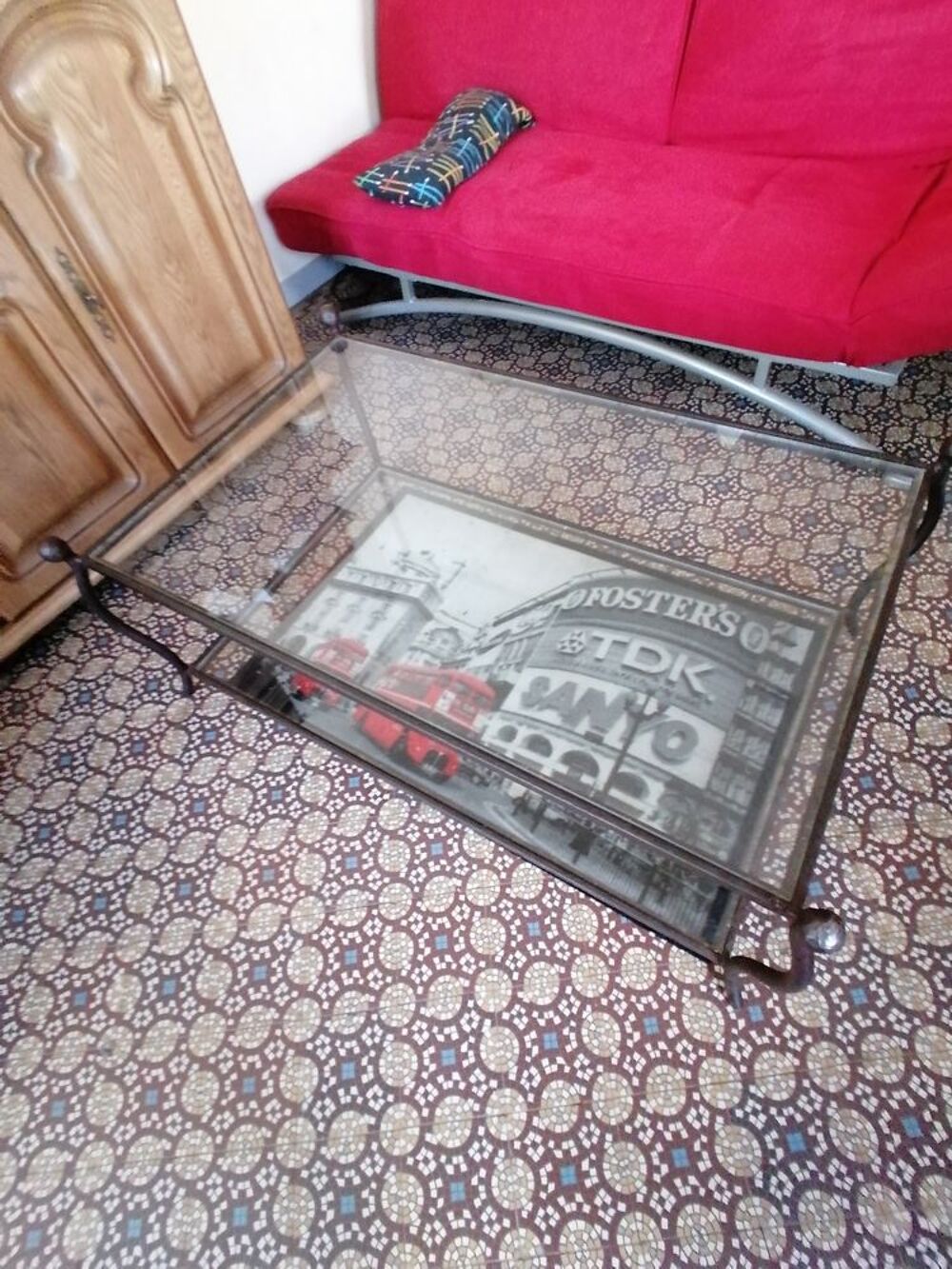 Table basse 2 plateaux en verre, structure en fer forg&eacute; Meubles