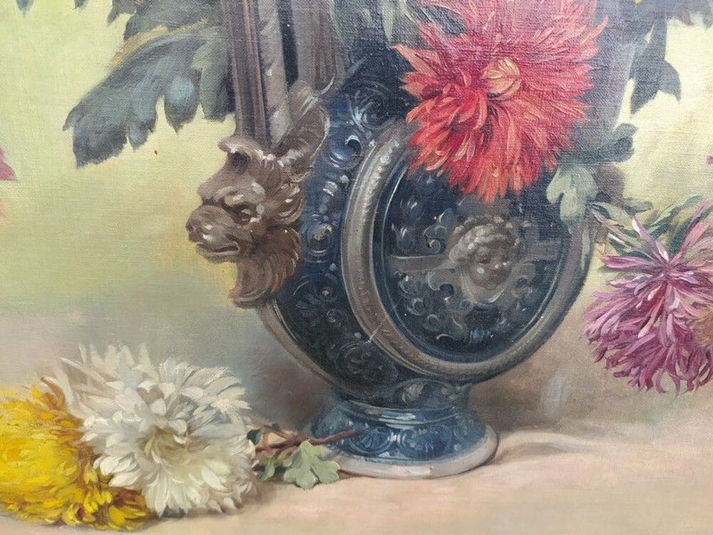 Ancien Tableau Nature Morte aux Dahlias Dcoration