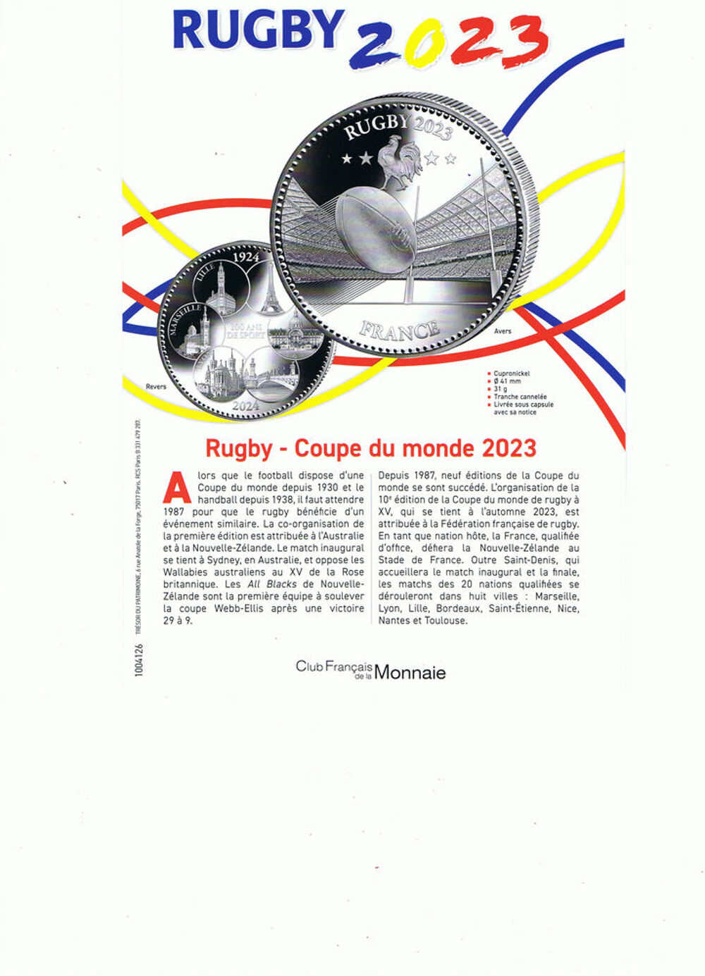 Pi&egrave;ce de collection &quot; RUGBY 2023 - FRANCE &quot; , neuve
