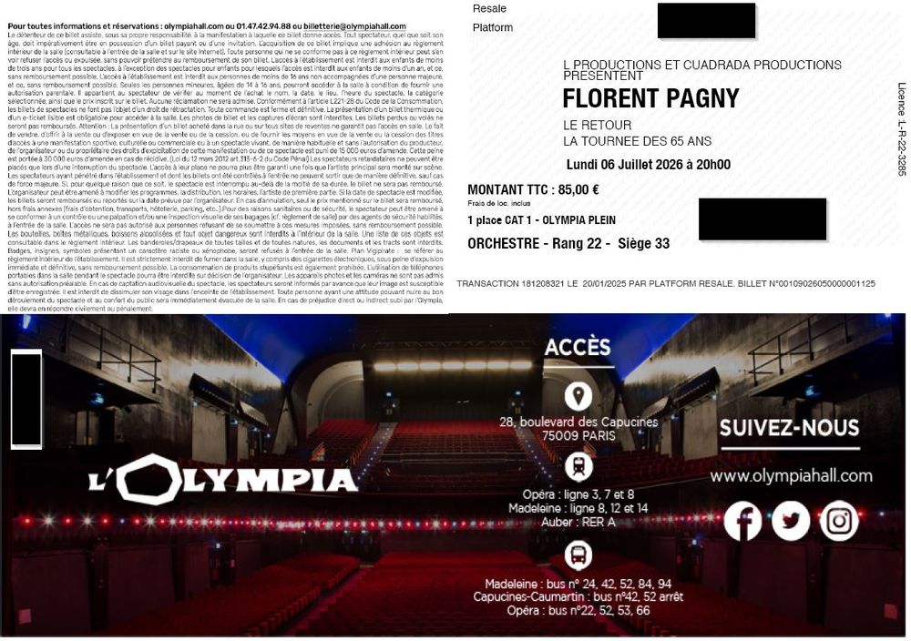 Billets concert Florent PAGNY &agrave; l'Olympia Billetterie